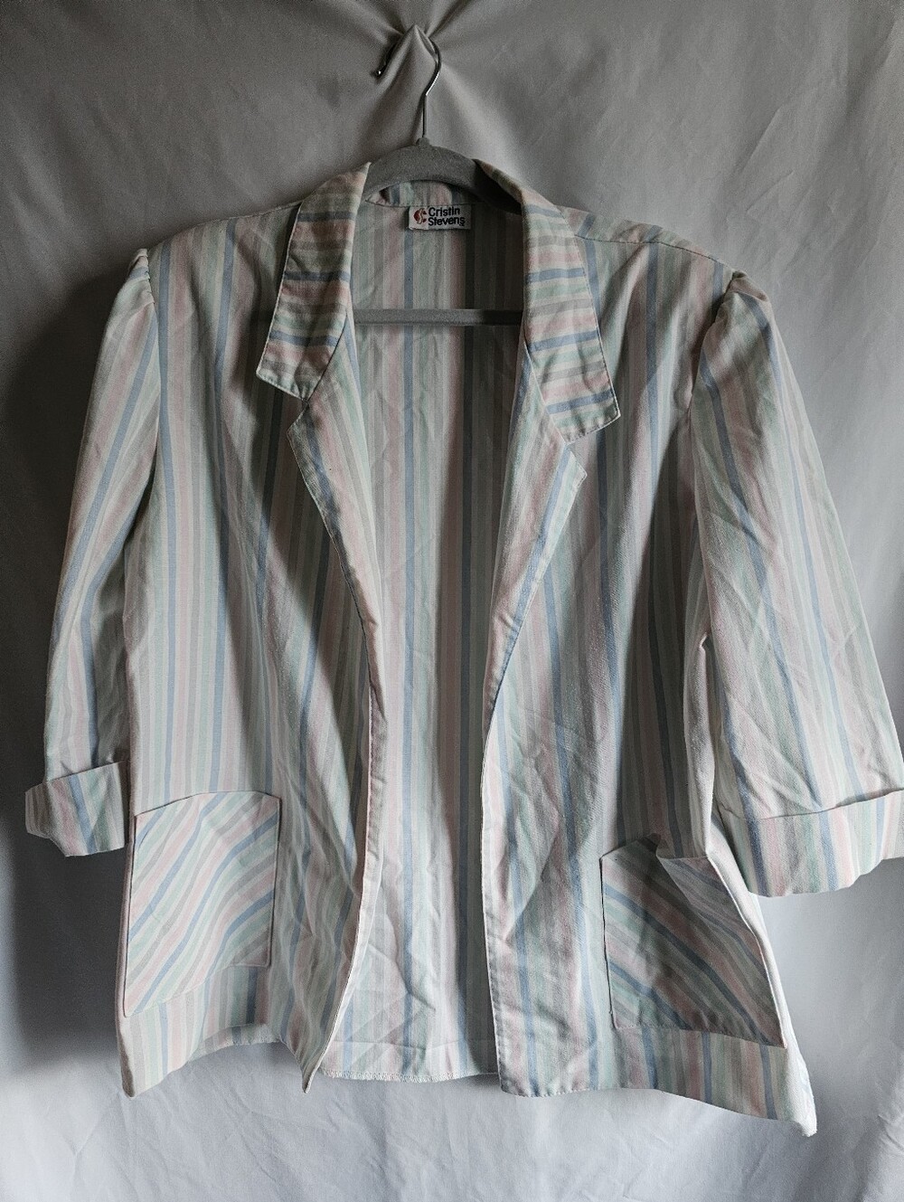Vintage Pastel Striped Open-Front Blazer Jacket - Pink/Blue XL